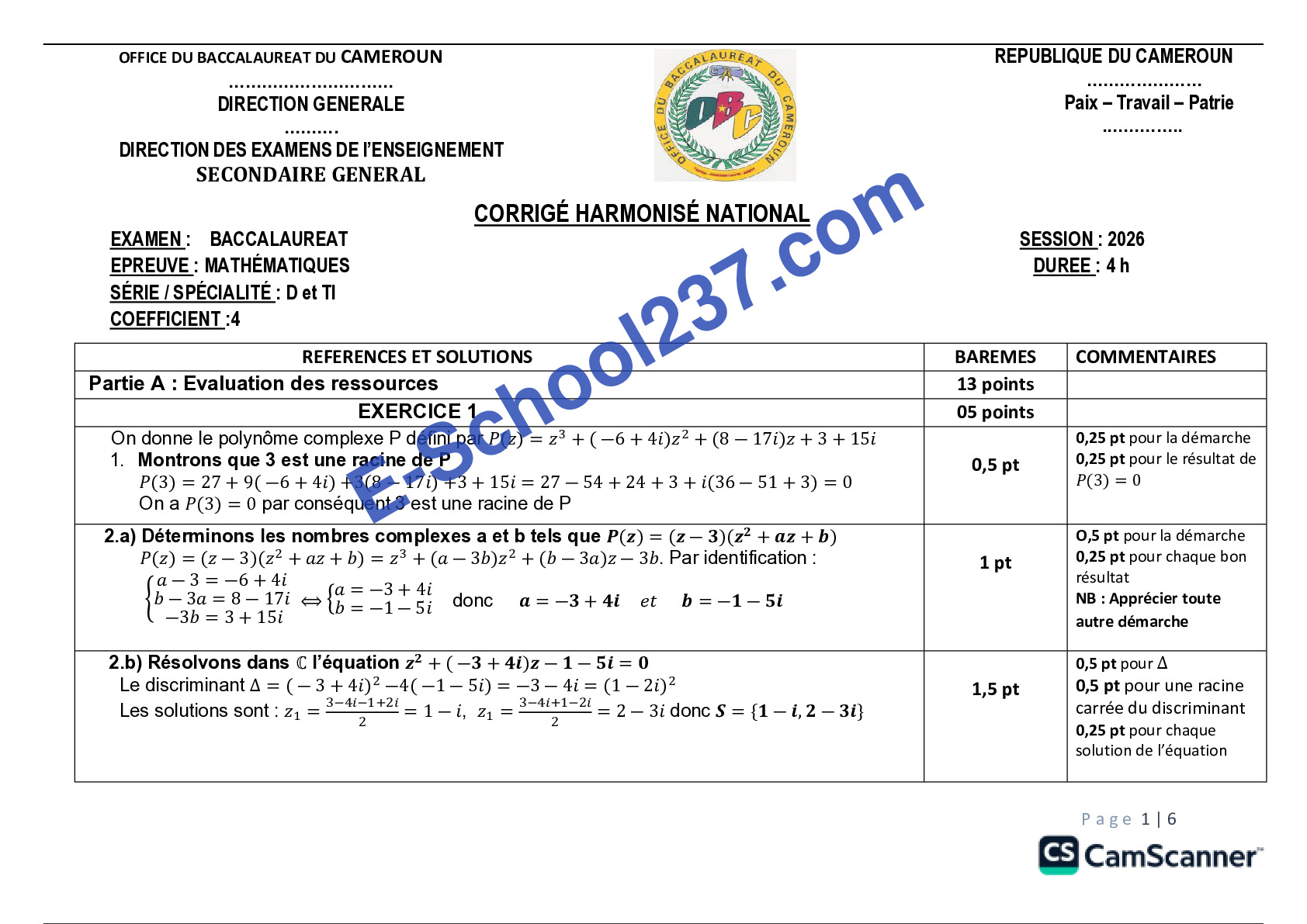 Corrigé Harmonise National maths BAC D TI 2026